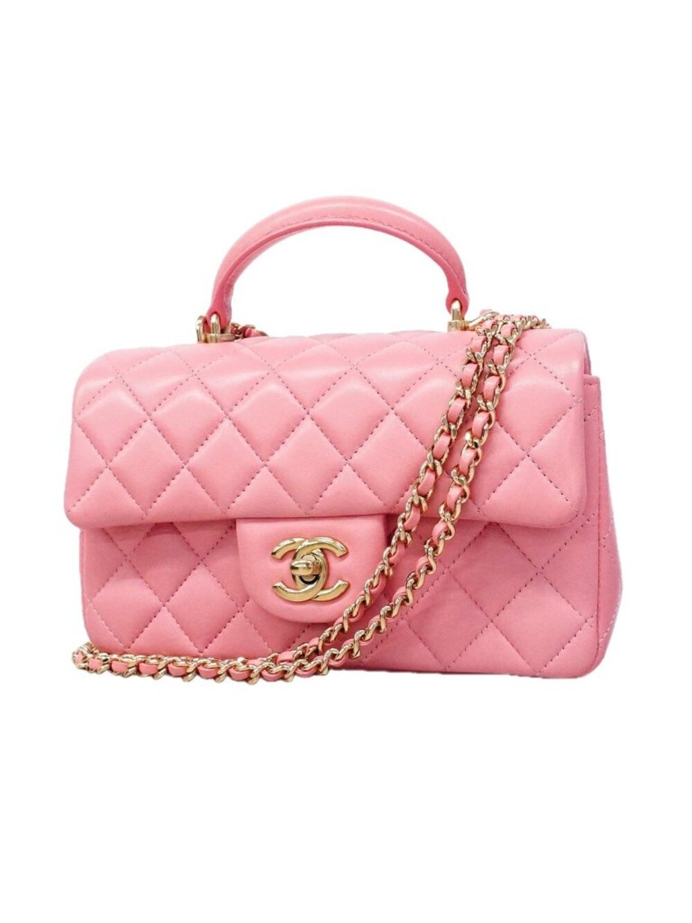 Chanel Handbag Quilted Top Handle Lambskin Pink Champagne Gold 2-Way Bag